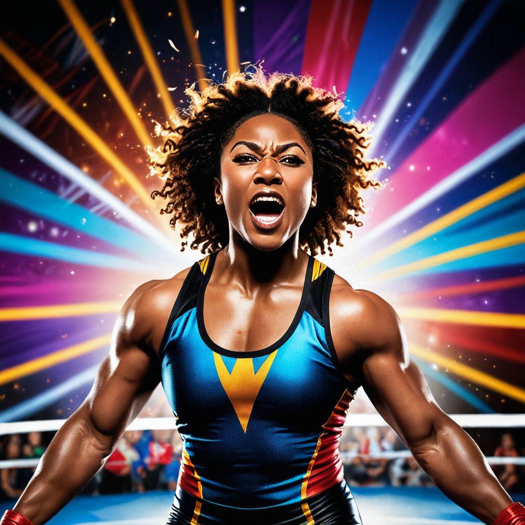 A powerful female wrestler in an action-packed pose, surrounded by effervescent energy and dynamic colors. The background features a wrestling ring with cheering fans, symbolizing empowerment and strength. Include a spotlight shining on her to highlight her determination and spirit. Illustrate diversity with various women wrestlers in the background, showcasing stories from different cultures. comic book style. vibrant colors. dynamic composition.