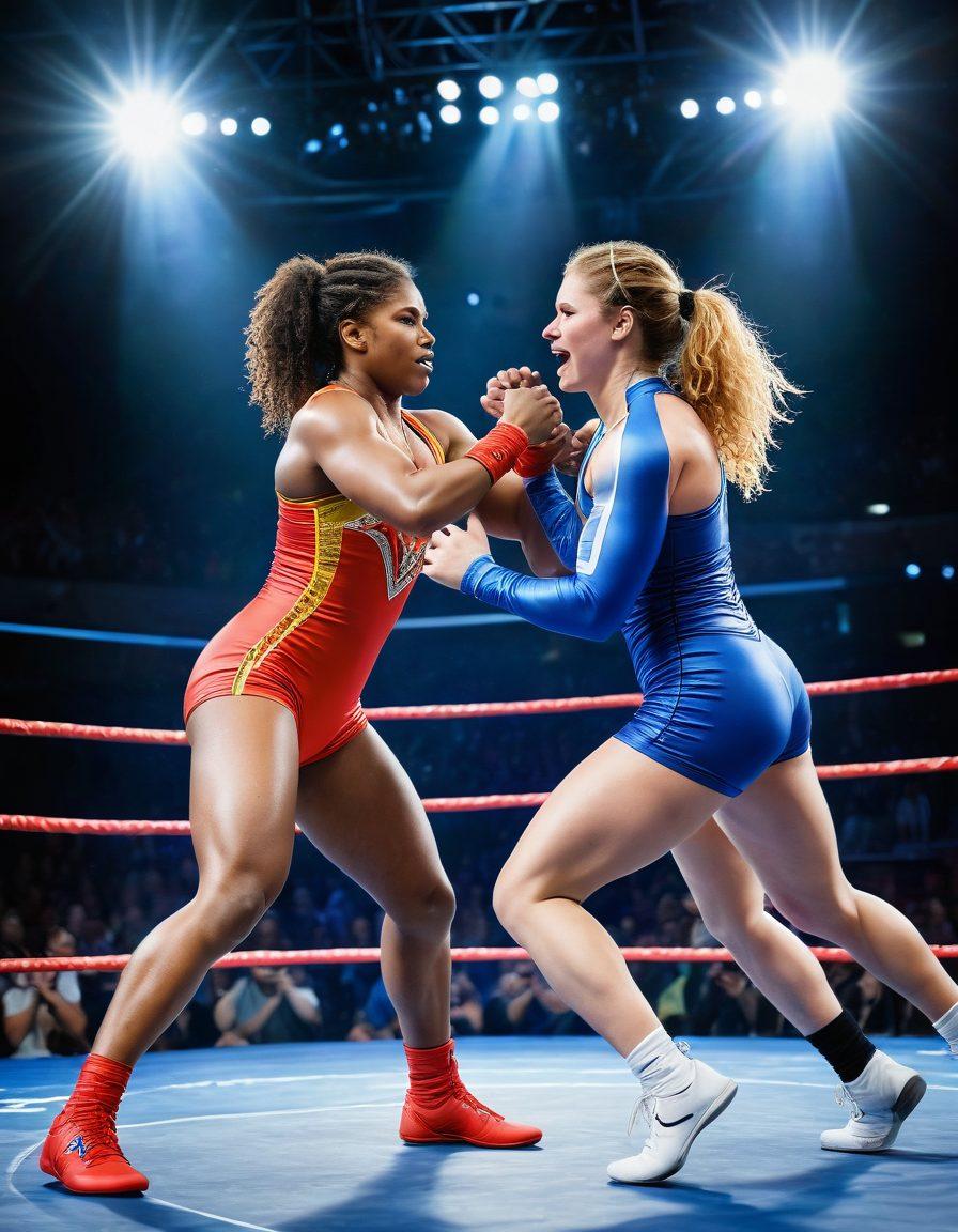 A dynamic wrestling scene featuring diverse women athletes performing powerful moves in a colorful arena, surrounded by enthusiastic fans holding signs of support. The background showcases bright lights and a cheering crowd, while a spotlight highlights an emerging star in the ring. Captivate the essence of empowerment and community in wrestling fandom. vibrant colors. super-realistic.